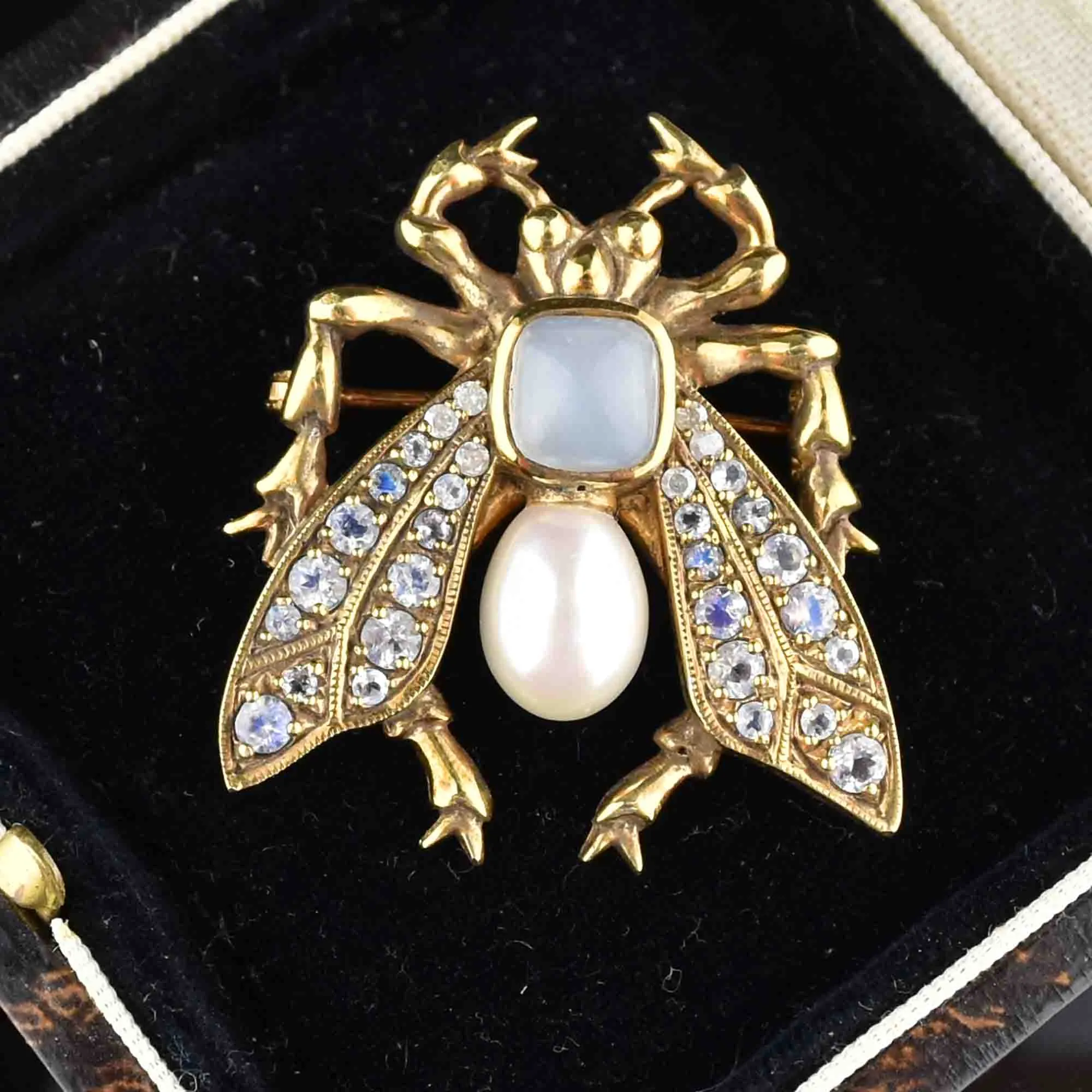 Art Deco Pearl Moonstone Bug Brooch Pin