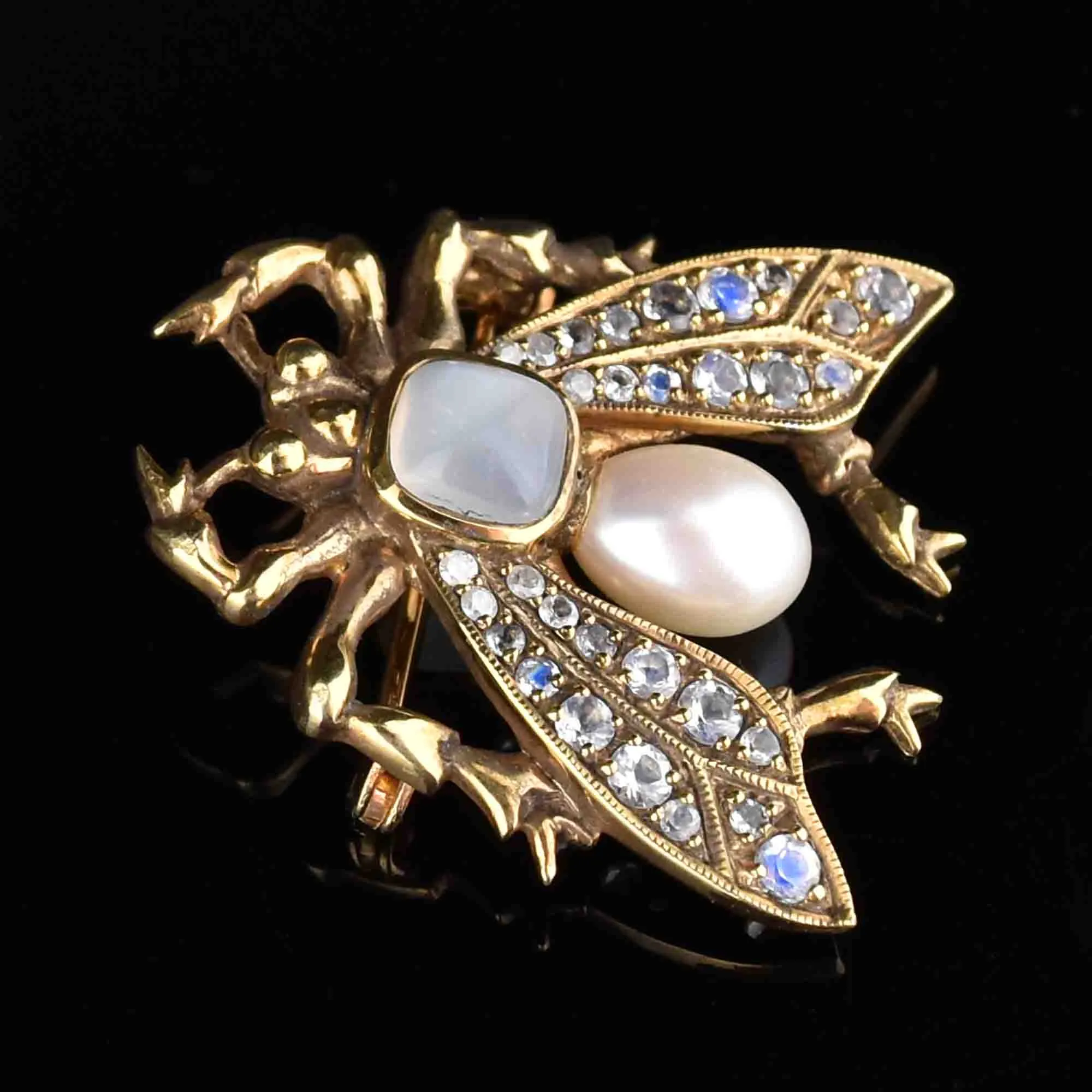 Art Deco Pearl Moonstone Bug Brooch Pin