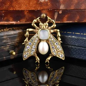 Art Deco Pearl Moonstone Bug Brooch Pin