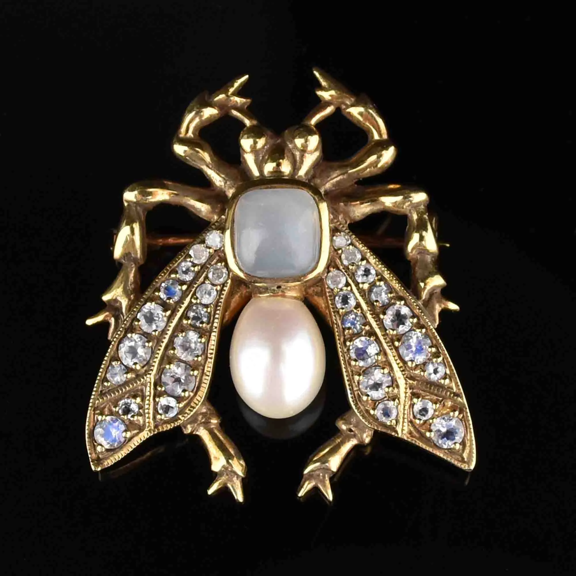Art Deco Pearl Moonstone Bug Brooch Pin