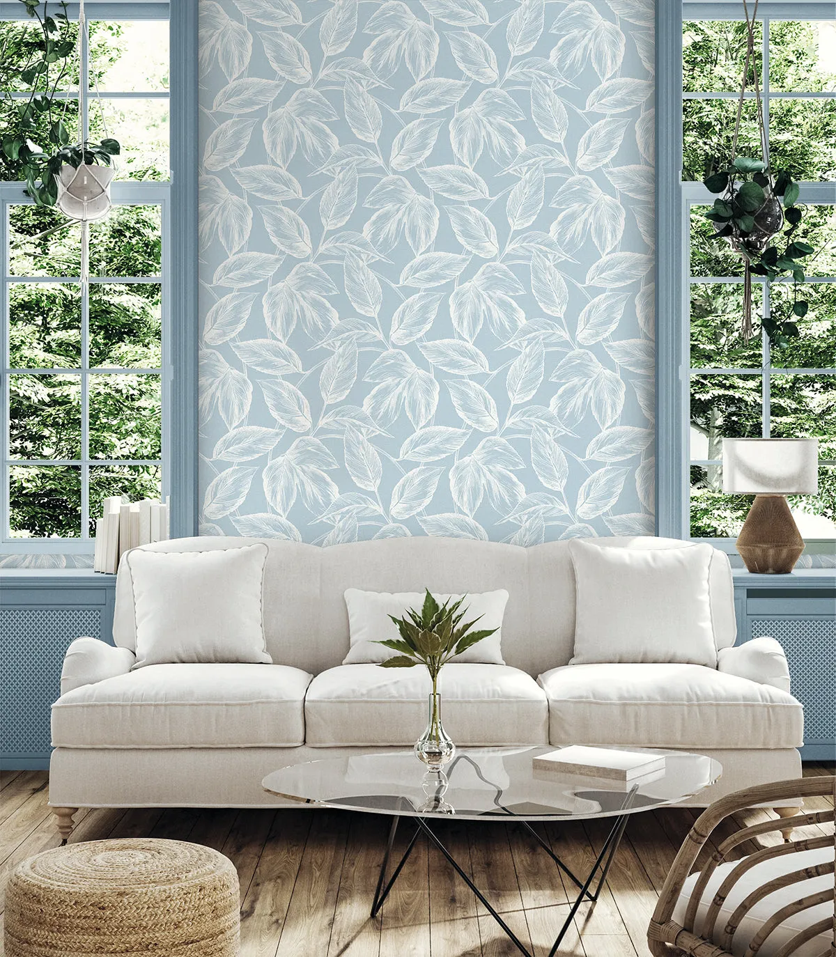 Beckett Sketched Leaves Wallpaper in Baby Blue