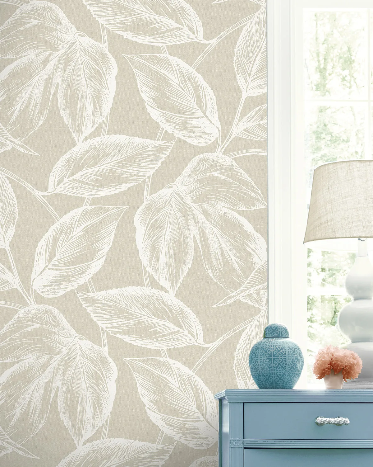 Beckett Sketched Leaves Wallpaper in Oat
