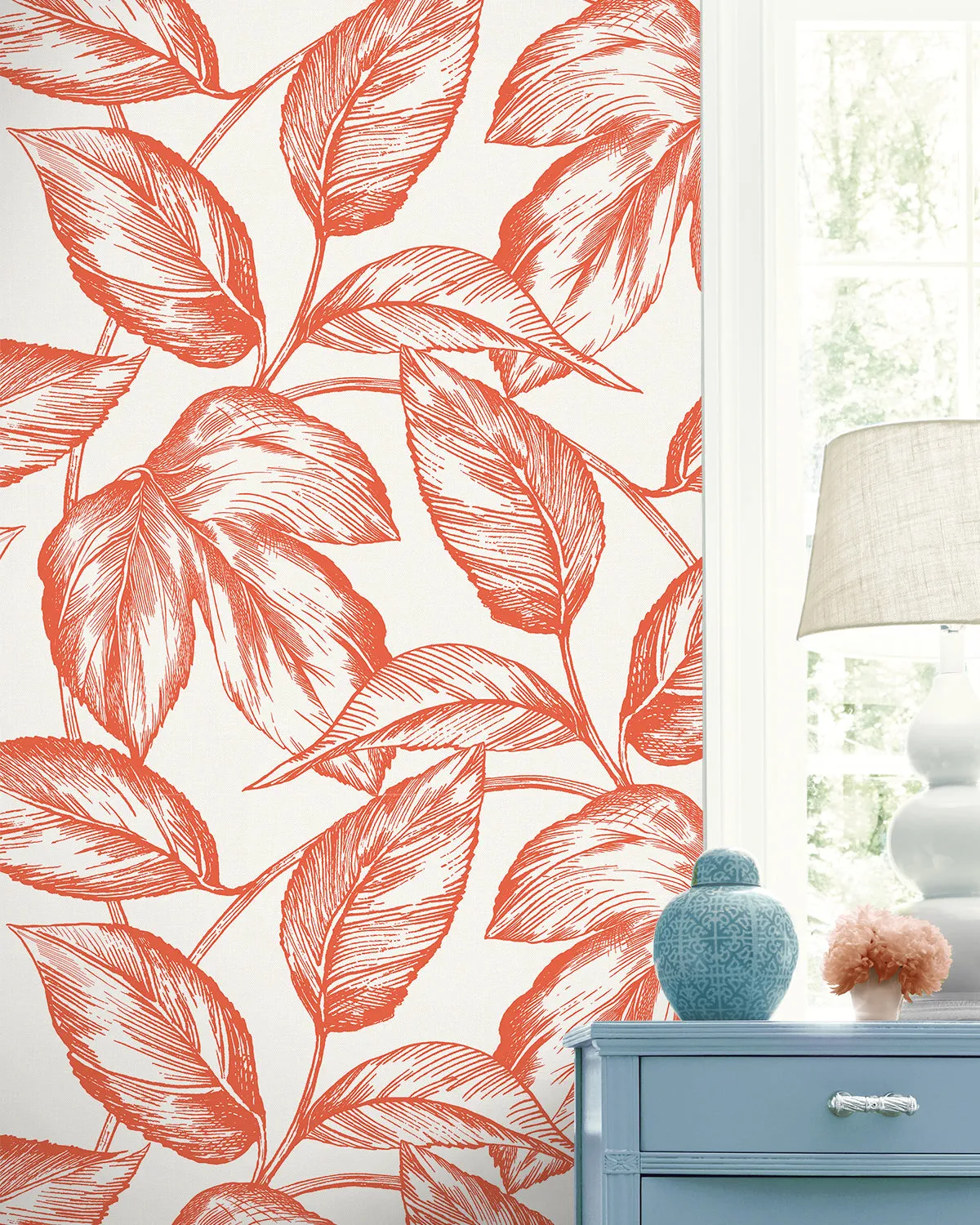 Beckett Sketched Leaves Wallpaper in Rich Coral