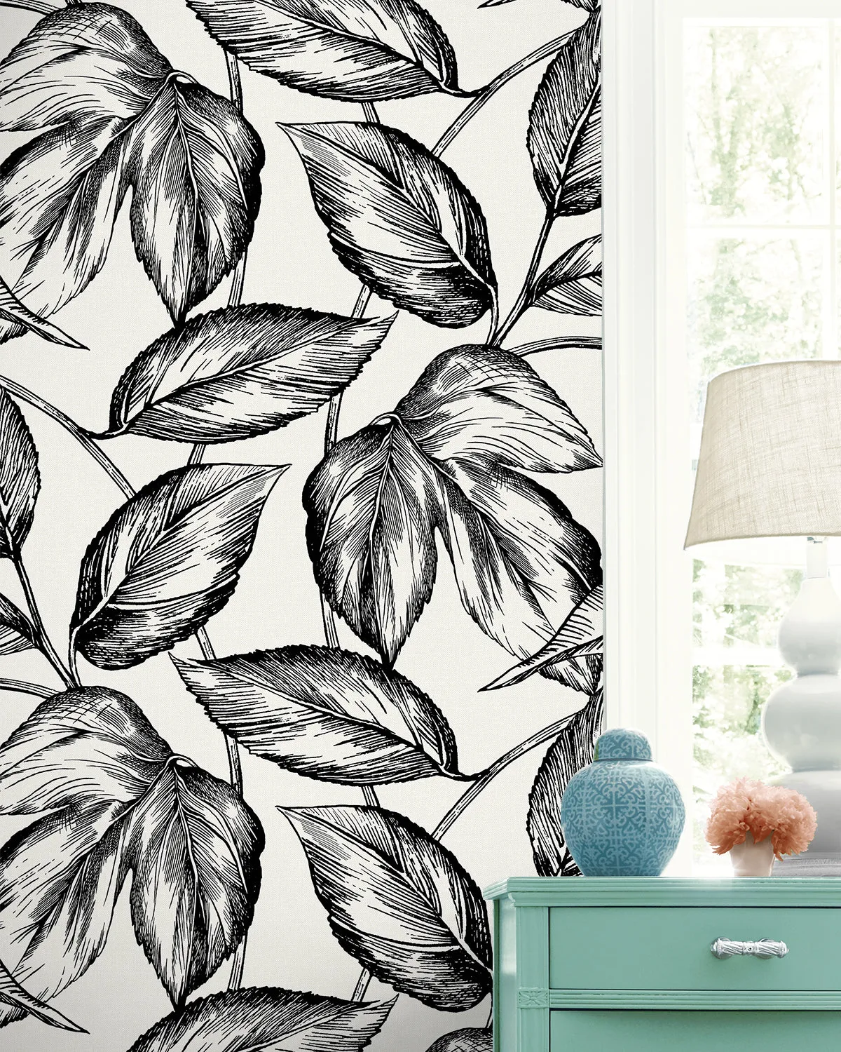 Beckett Sketched Leaves Wallpaper in Volcanic Black
