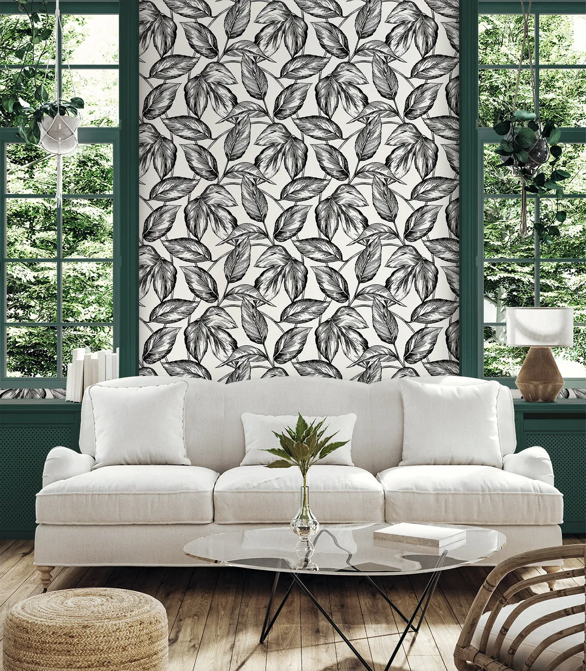 Beckett Sketched Leaves Wallpaper in Volcanic Black