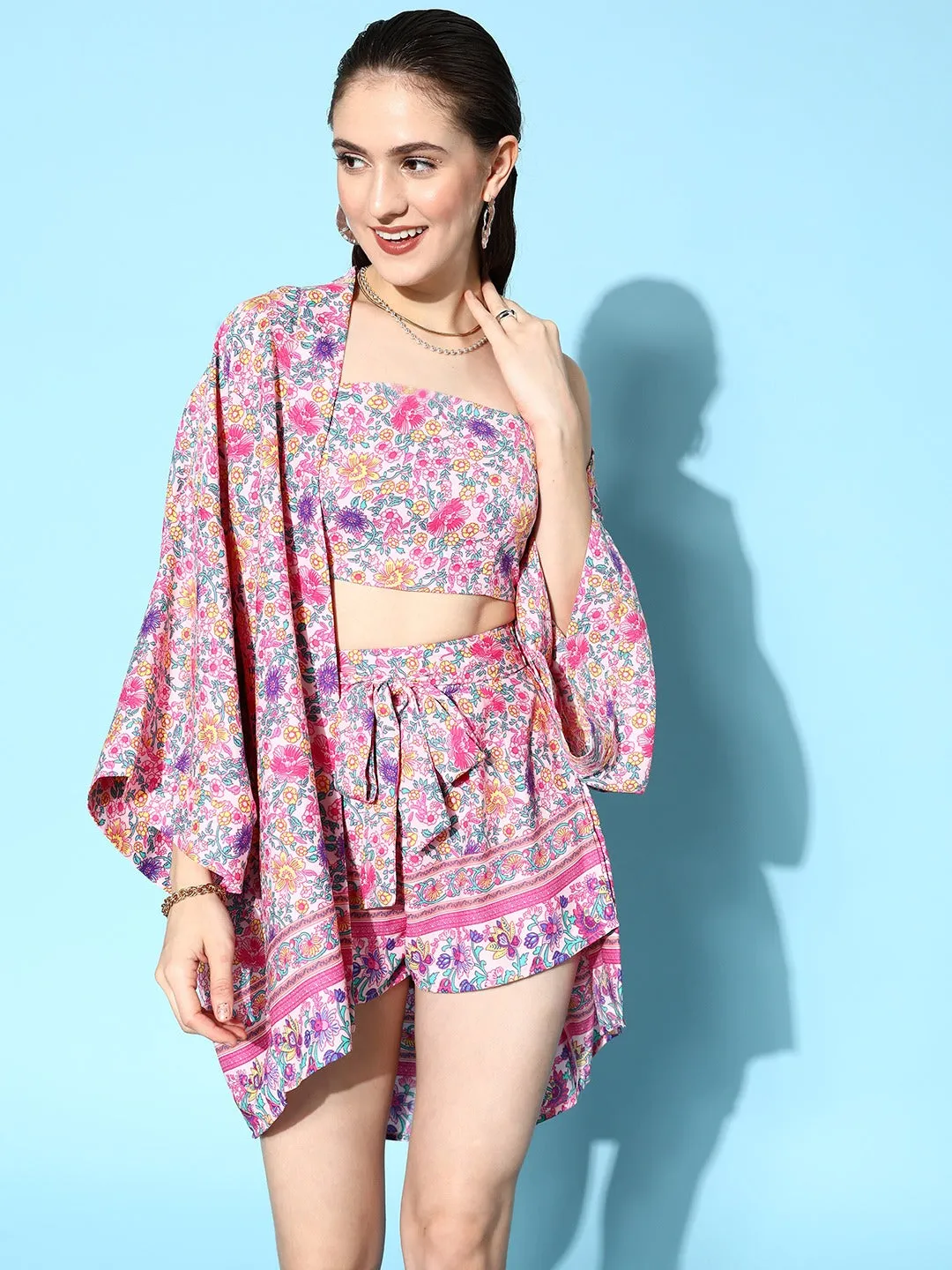 Berrylush Women Pink Floral Printed Crop Top & Tie-Up Front Shorts With Kimono
