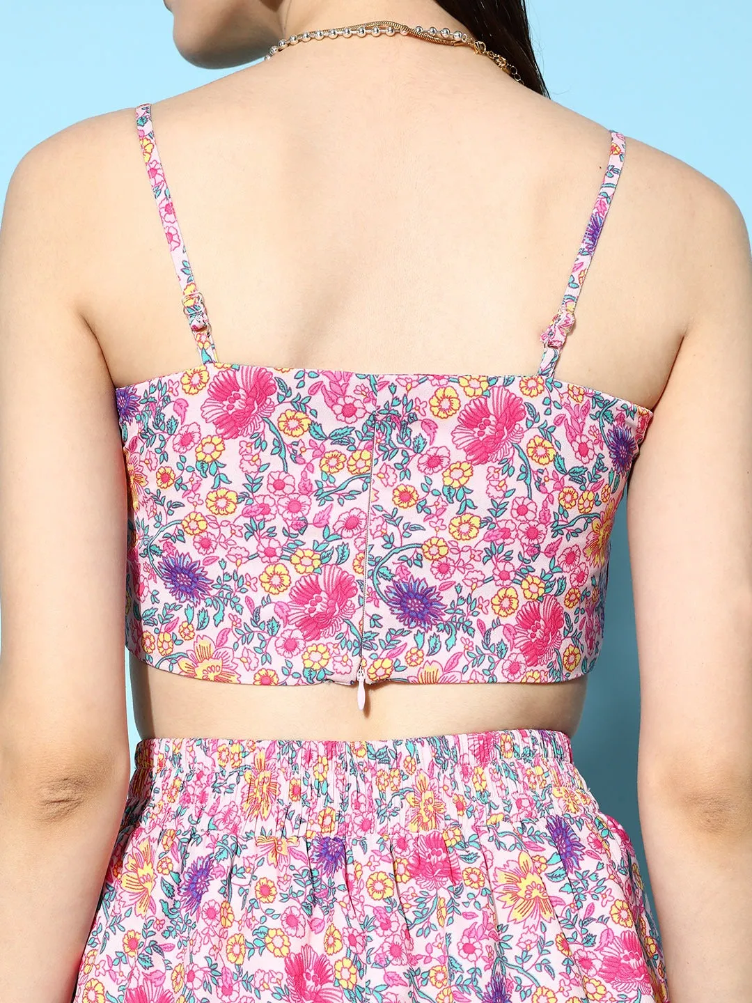 Berrylush Women Pink Floral Printed Crop Top & Tie-Up Front Shorts With Kimono
