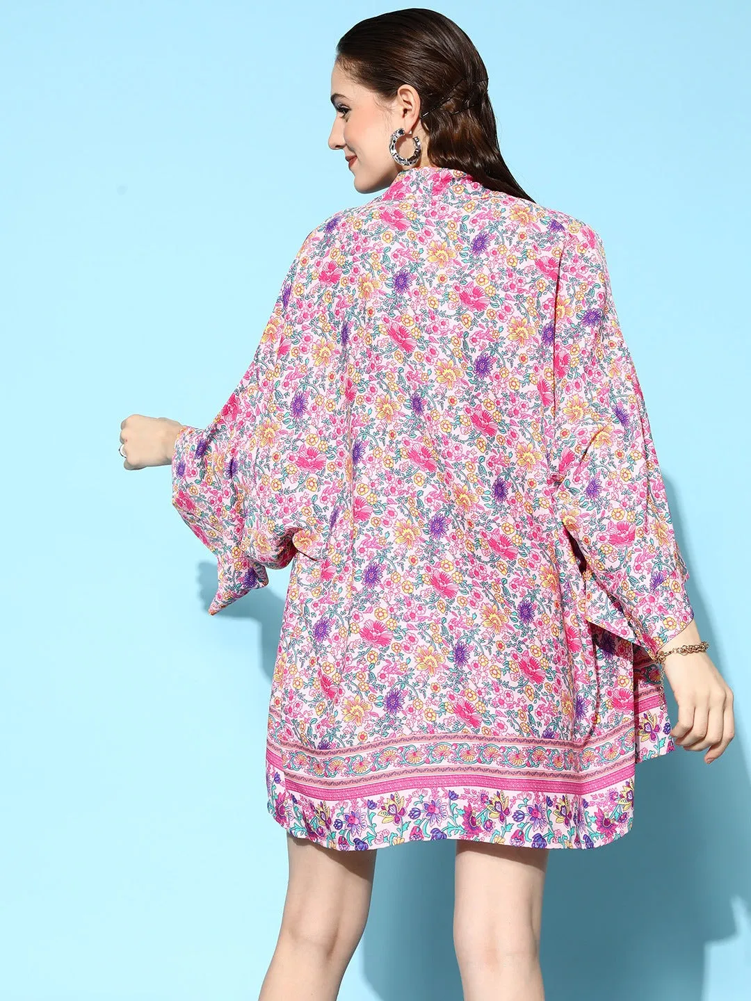 Berrylush Women Pink Floral Printed Crop Top & Tie-Up Front Shorts With Kimono