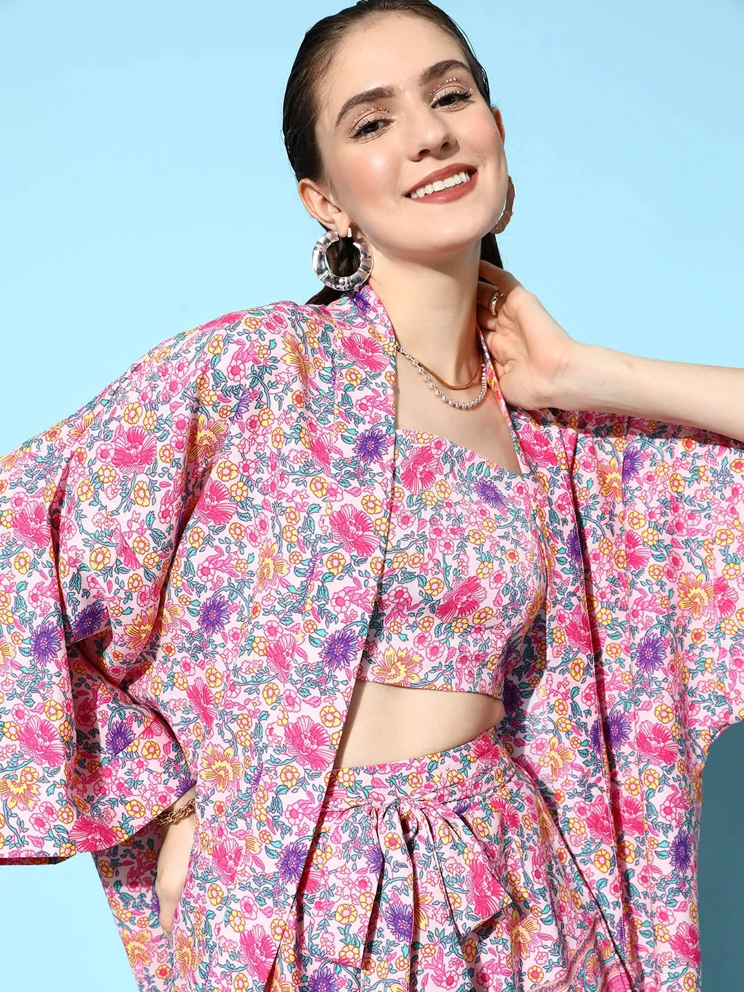 Berrylush Women Pink Floral Printed Crop Top & Tie-Up Front Shorts With Kimono