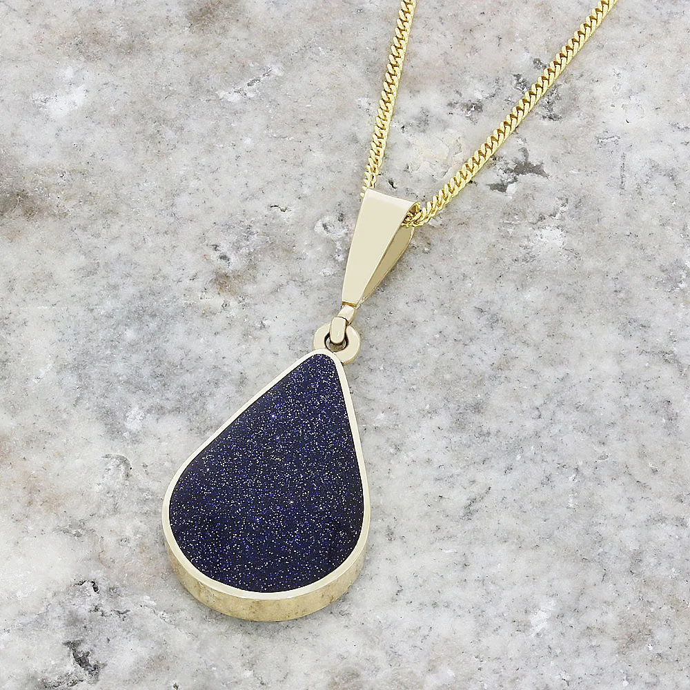 Blue Goldstone and Jet 9ct Yellow Gold Pear Shape Pendant Necklace