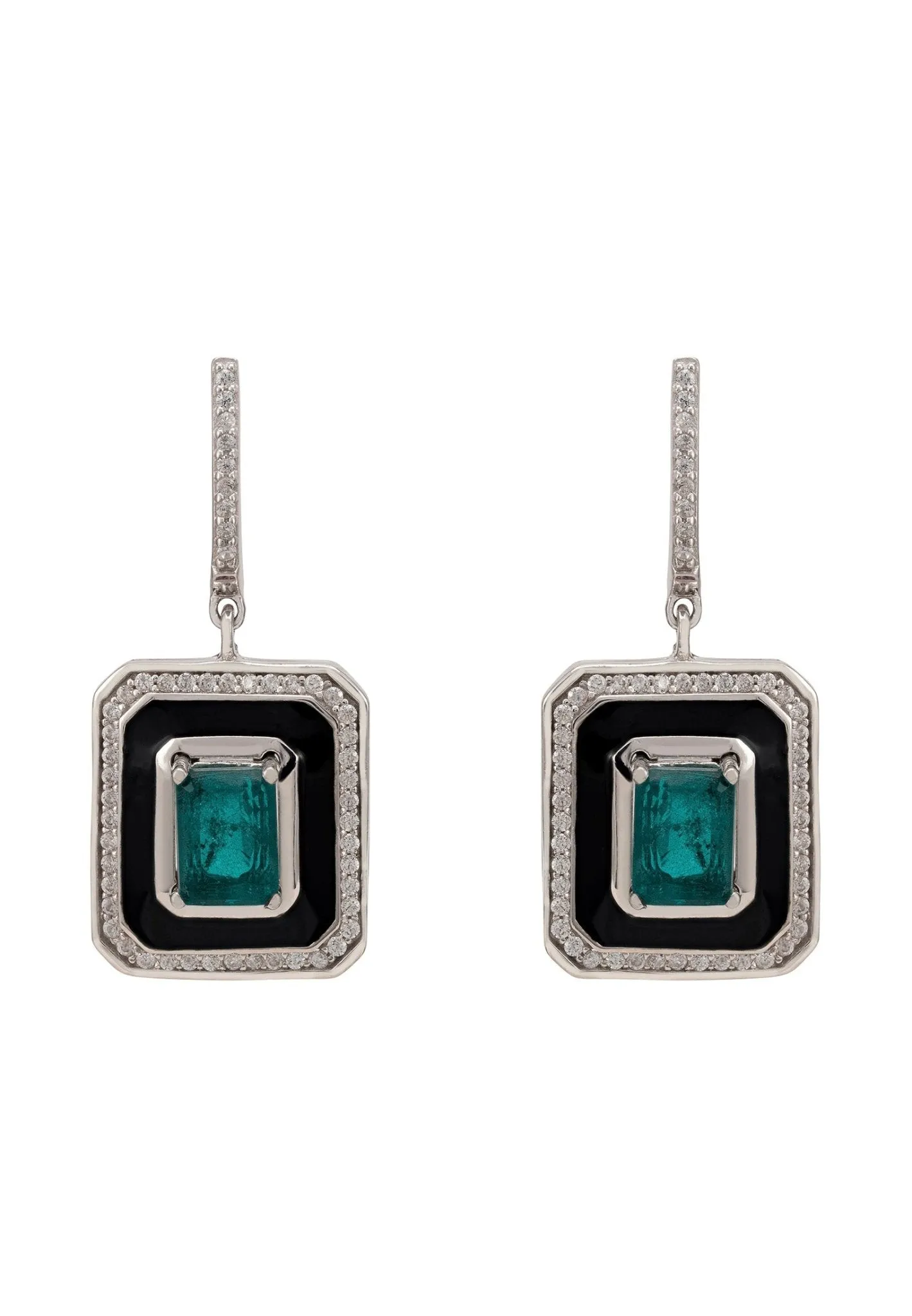 Deco Emerald & Enamel Earrings Silver