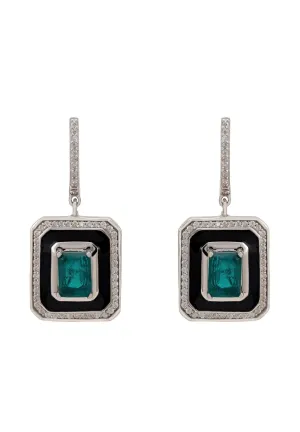 Deco Emerald & Enamel Earrings Silver