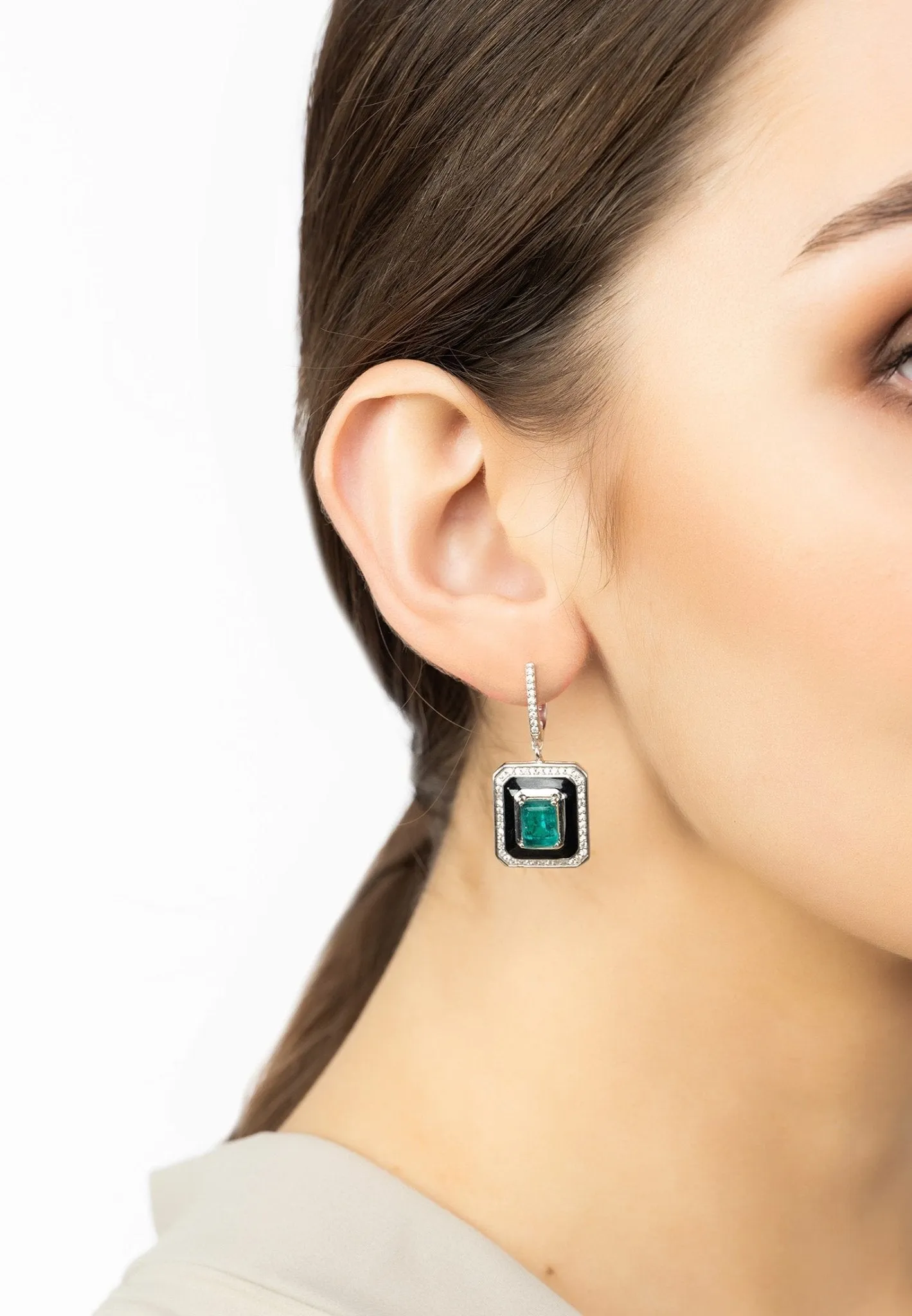 Deco Emerald & Enamel Earrings Silver