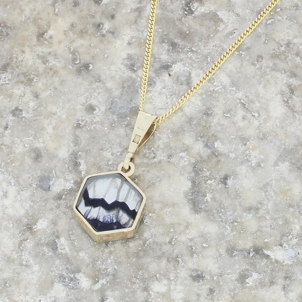 Derbyshire Blue John and Jet 9ct Yellow Gold Hexagonal Reversible Pendant Necklace