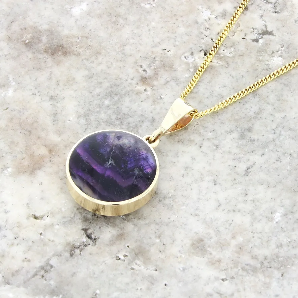 Derbyshire Blue John and Whitby Jet 9ct Yellow Gold Round Pendant Necklace