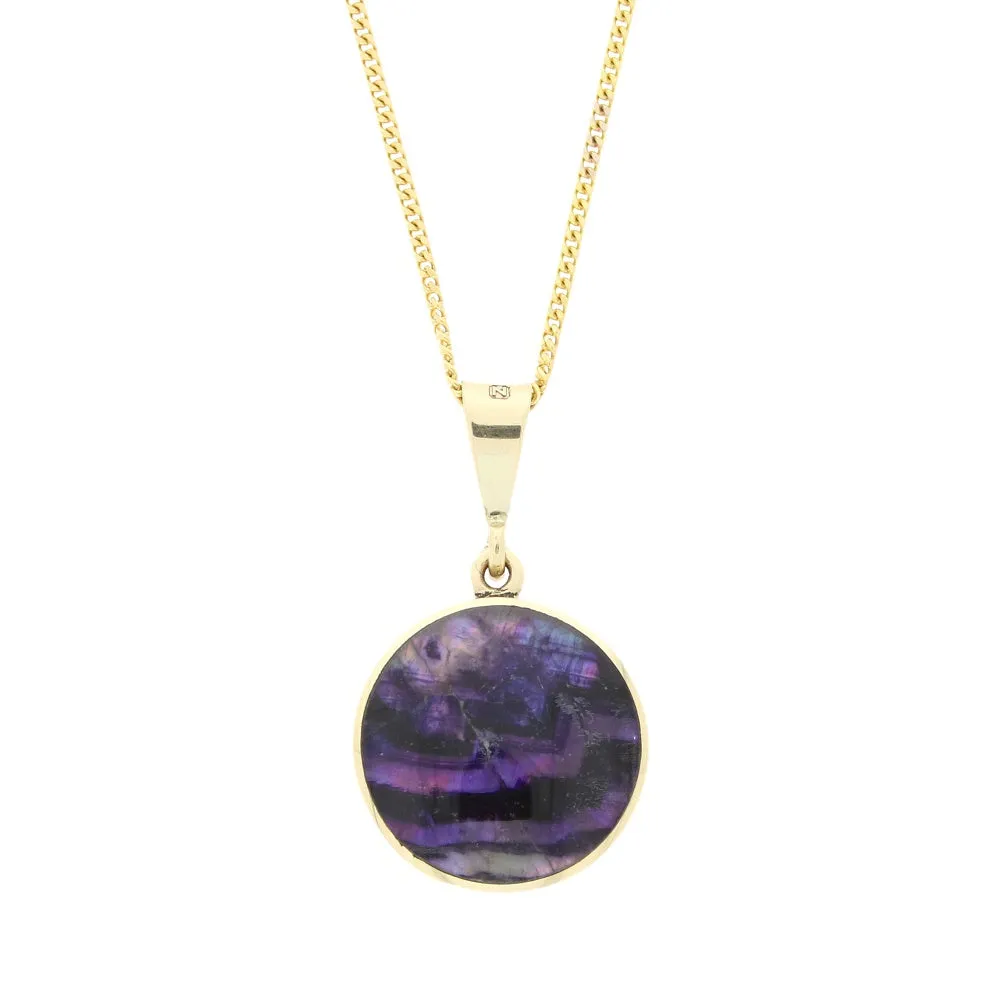 Derbyshire Blue John and Whitby Jet 9ct Yellow Gold Round Pendant Necklace
