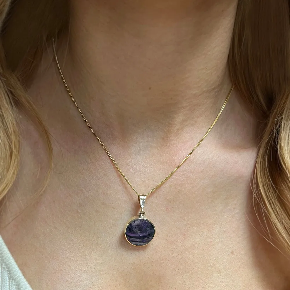 Derbyshire Blue John and Whitby Jet 9ct Yellow Gold Round Pendant Necklace