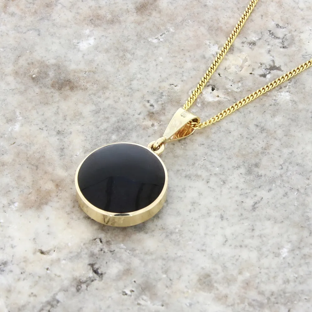 Derbyshire Blue John and Whitby Jet 9ct Yellow Gold Round Pendant Necklace