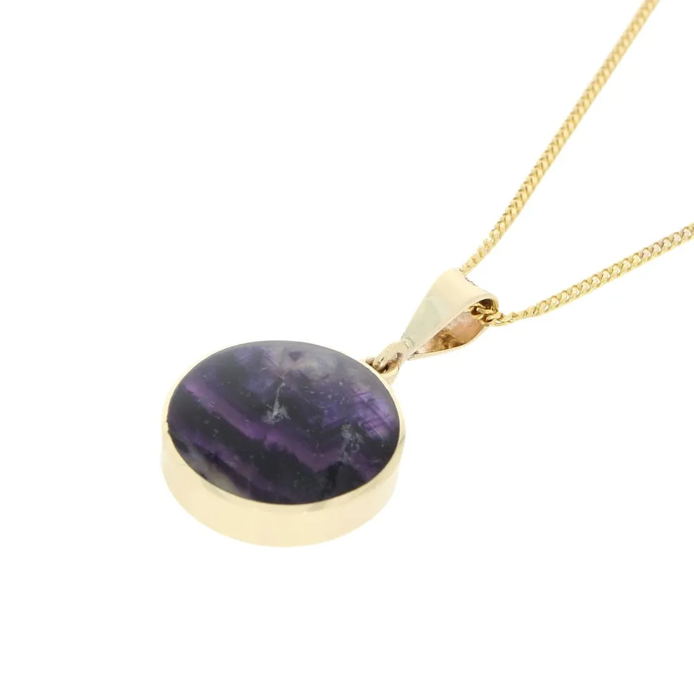 Derbyshire Blue John and Whitby Jet 9ct Yellow Gold Round Pendant Necklace