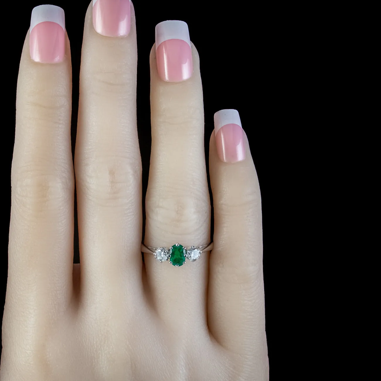 Edwardian Style Emerald Diamond Trilogy Ring 0.60ct Emerald
