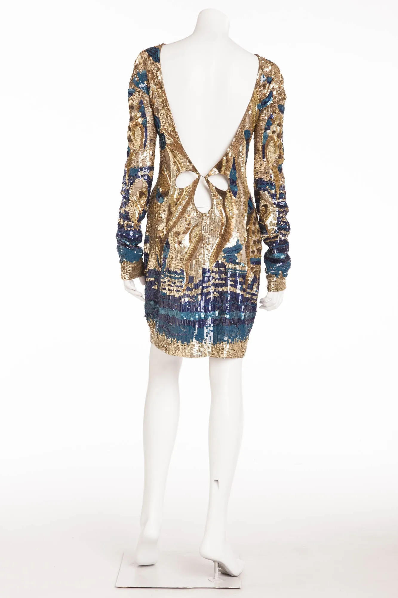 Emillio Pucci - Featured on Cover of Vogue - Gold and Blue Long Sleeve Embellished Open Back Dress - IT 42