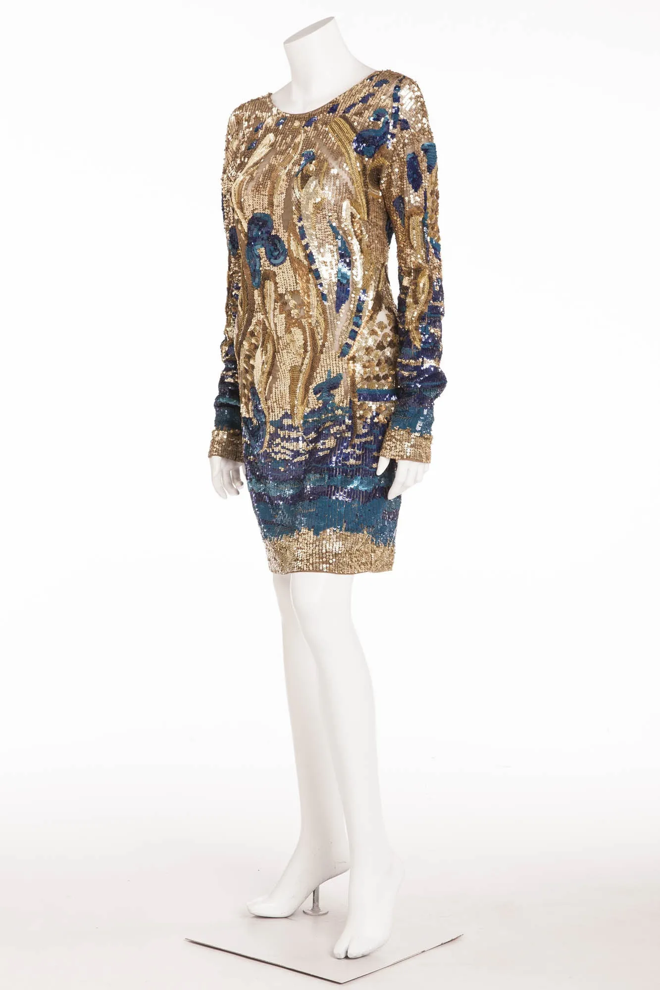 Emillio Pucci - Featured on Cover of Vogue - Gold and Blue Long Sleeve Embellished Open Back Dress - IT 42