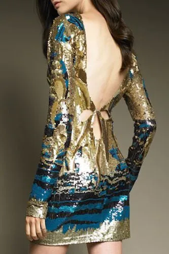Emillio Pucci - Featured on Cover of Vogue - Gold and Blue Long Sleeve Embellished Open Back Dress - IT 42
