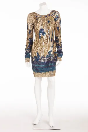 Emillio Pucci - Featured on Cover of Vogue - Gold and Blue Long Sleeve Embellished Open Back Dress - IT 42