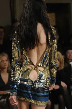 Emillio Pucci - Featured on Cover of Vogue - Gold and Blue Long Sleeve Embellished Open Back Dress - IT 42