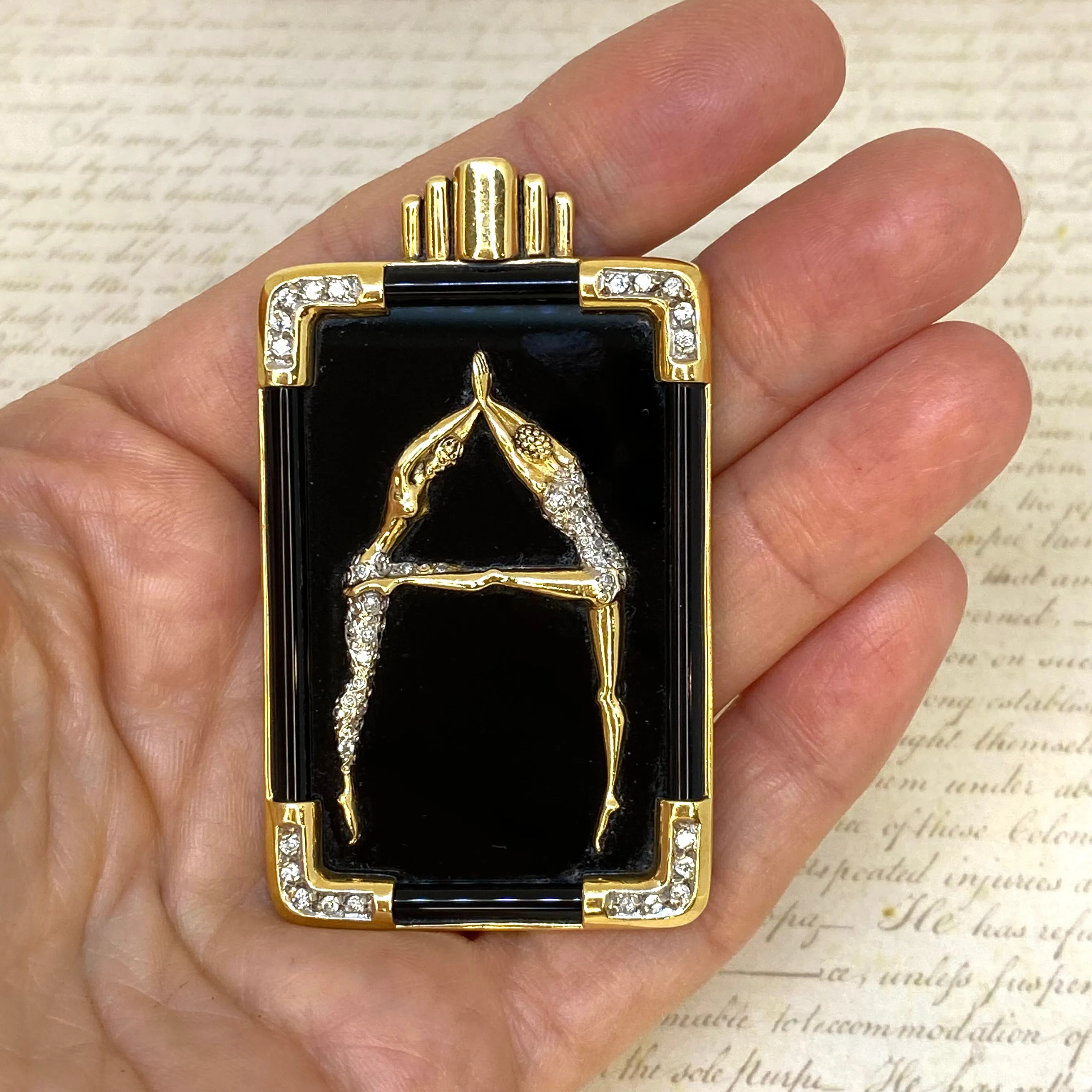 Erte' A from the Alphabet Collection Black Onyx & Diamond 14K Gold Pin