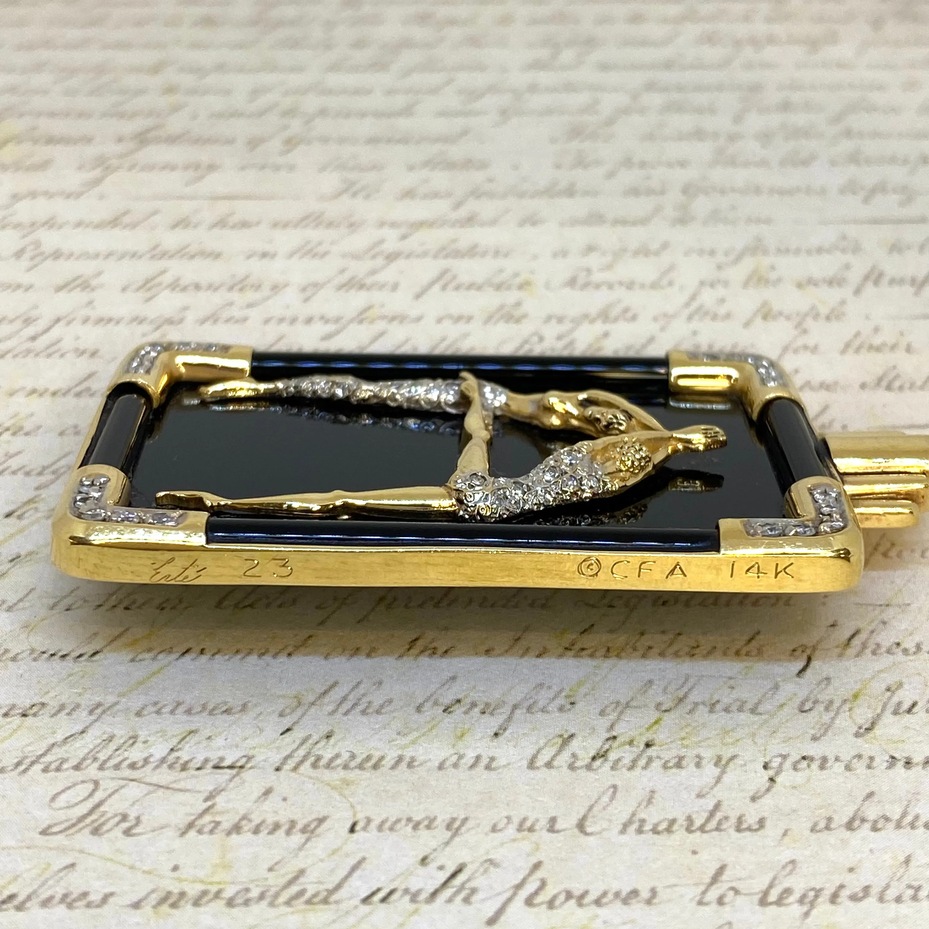 Erte' A from the Alphabet Collection Black Onyx & Diamond 14K Gold Pin