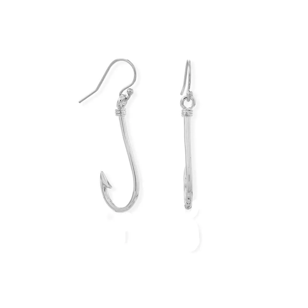 Fish Hook Dangle Earrings in Rhodium Plated Sterling Silver