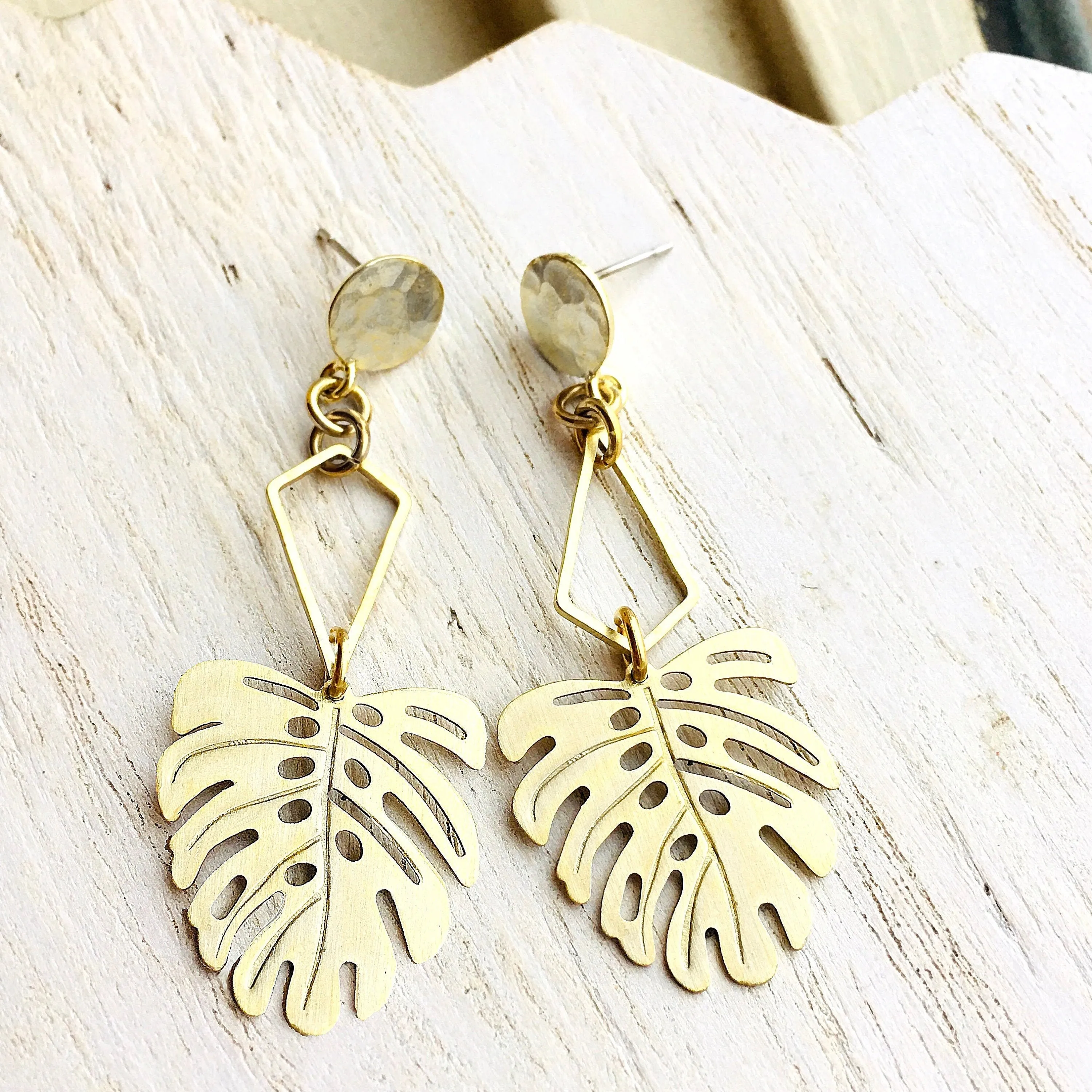 Geometric Brass Monstera Plant Earrings - Nickel Free - Ready To Ship