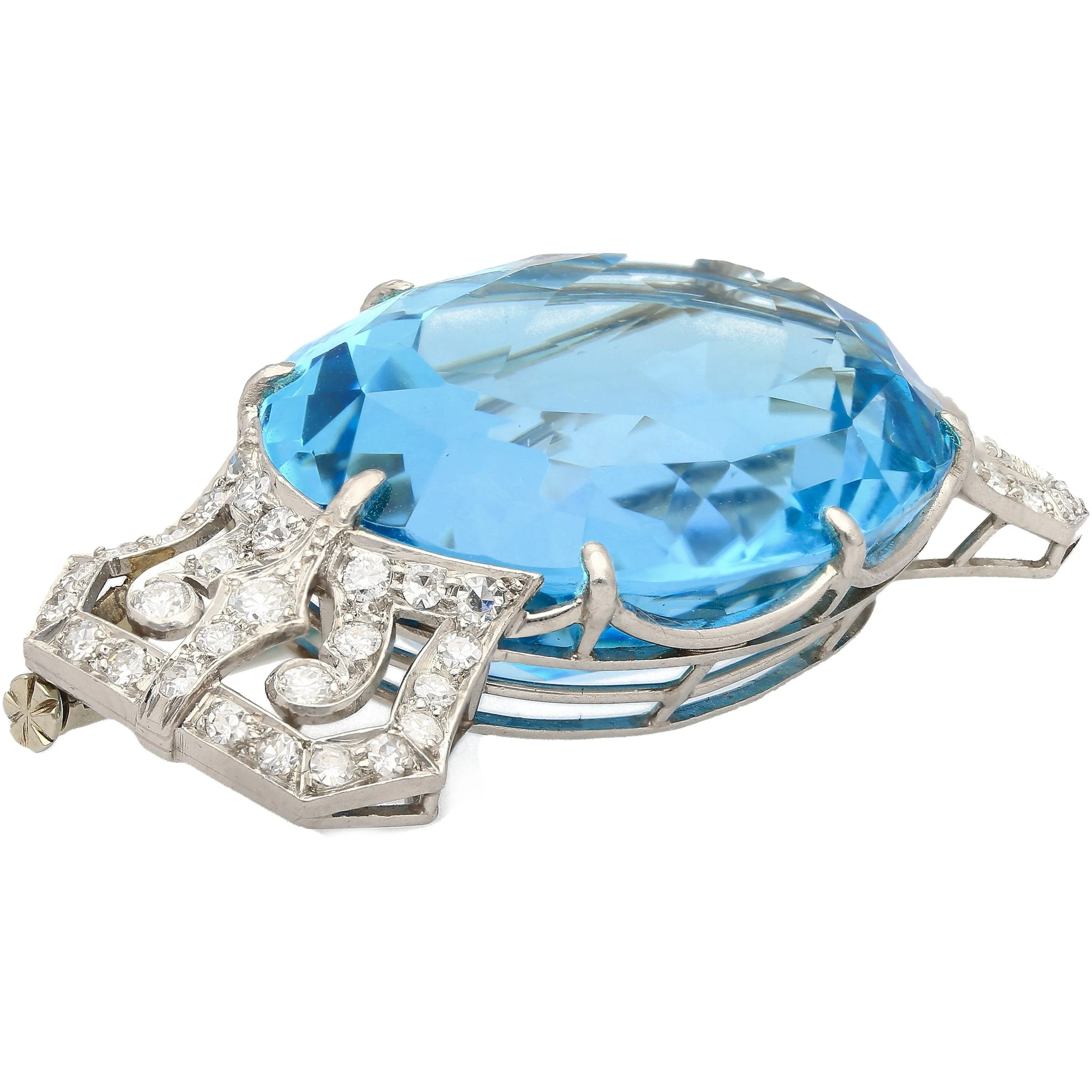 GIA Certified Vintage 62 Carat Aquamarine with Diamond Platinum Brooch/Pin
