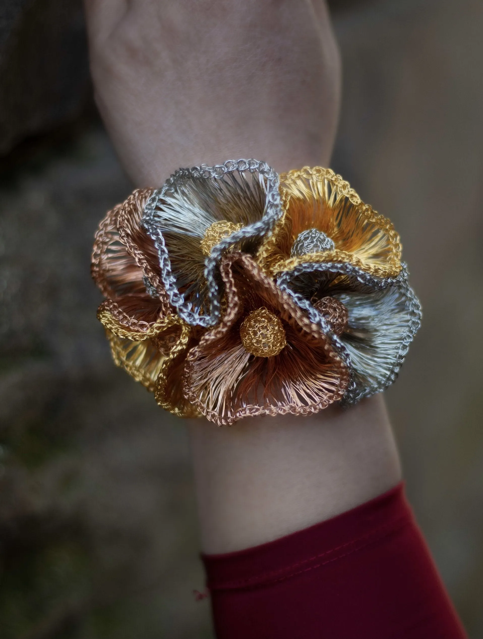 Gold And Silver  Flower Crochet Bracelet