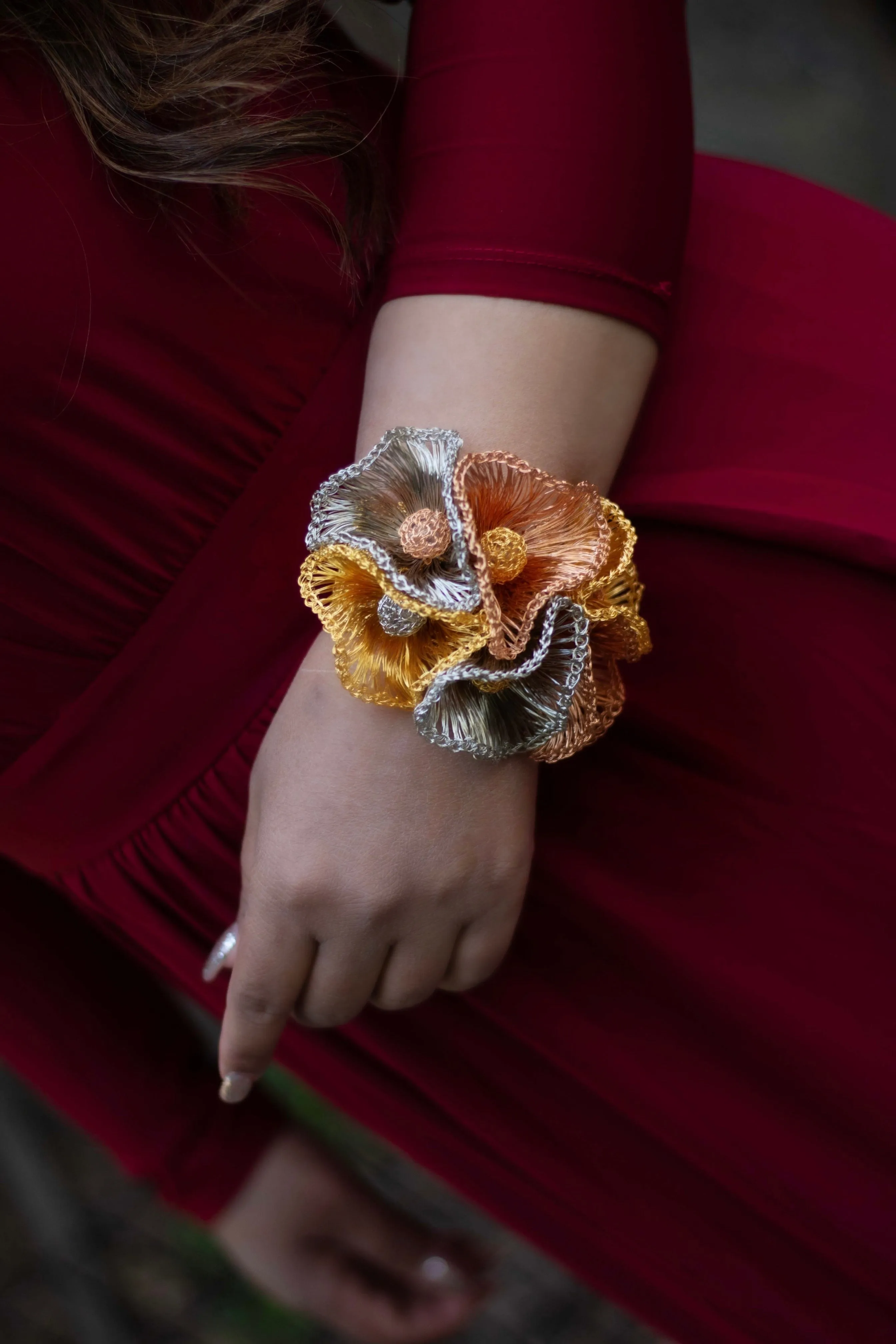 Gold And Silver  Flower Crochet Bracelet