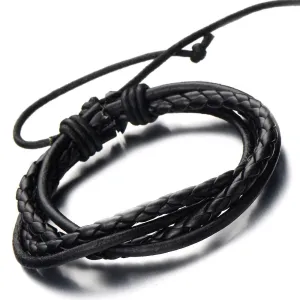 Hand-Made Mens Black Braided Leather Bracelet Multi-Strand Genuine Leather Wristband Wrap Bracelet