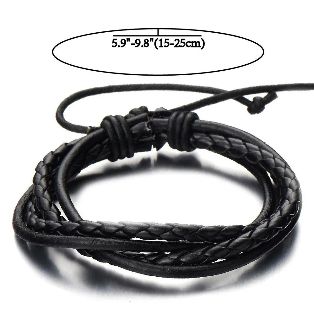 Hand-Made Mens Black Braided Leather Bracelet Multi-Strand Genuine Leather Wristband Wrap Bracelet