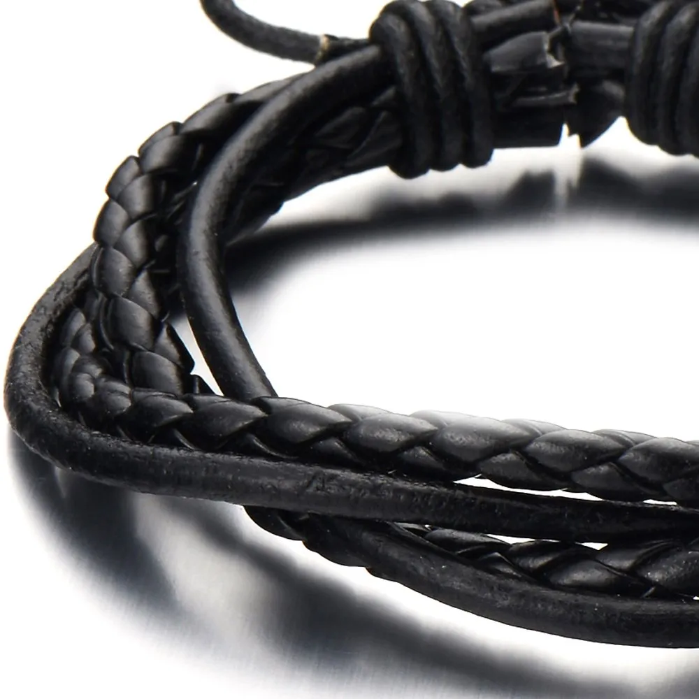 Hand-Made Mens Black Braided Leather Bracelet Multi-Strand Genuine Leather Wristband Wrap Bracelet