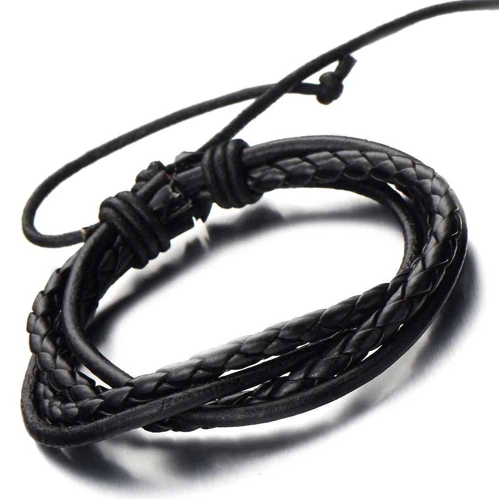 Hand-Made Mens Black Braided Leather Bracelet Multi-Strand Genuine Leather Wristband Wrap Bracelet