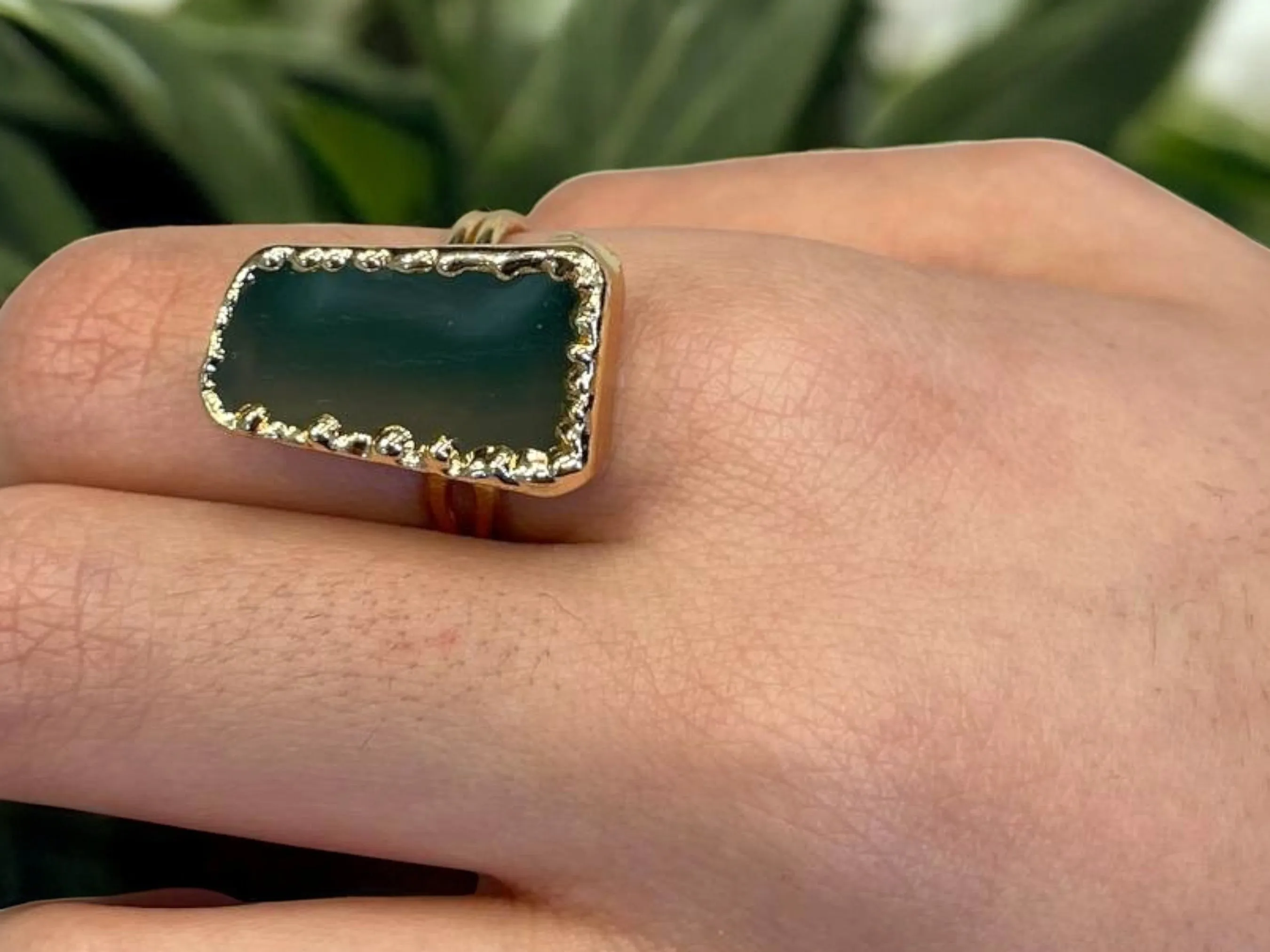 Handmade Gold Plated Cuff Bracelet and Ring Set with Green Natural Agate Stones, Adjustable Statement Bracelet, Special Occasion Jewelry