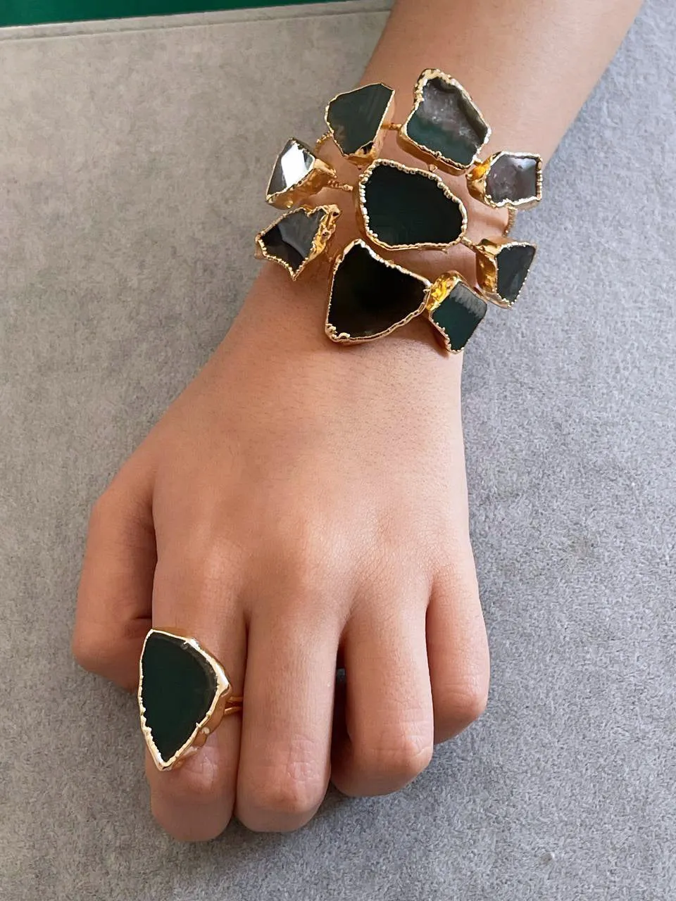 Handmade Gold Plated Cuff Bracelet and Ring Set with Green Natural Agate Stones, Adjustable Statement Bracelet, Special Occasion Jewelry