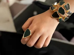 Handmade Gold Plated Cuff Bracelet and Ring Set with Green Natural Agate Stones, Adjustable Statement Bracelet, Special Occasion Jewelry
