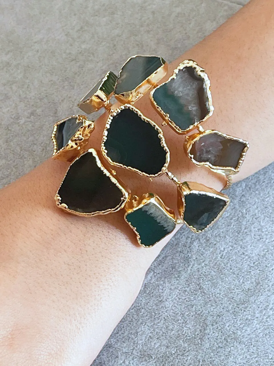 Handmade Gold Plated Cuff Bracelet and Ring Set with Green Natural Agate Stones, Adjustable Statement Bracelet, Special Occasion Jewelry
