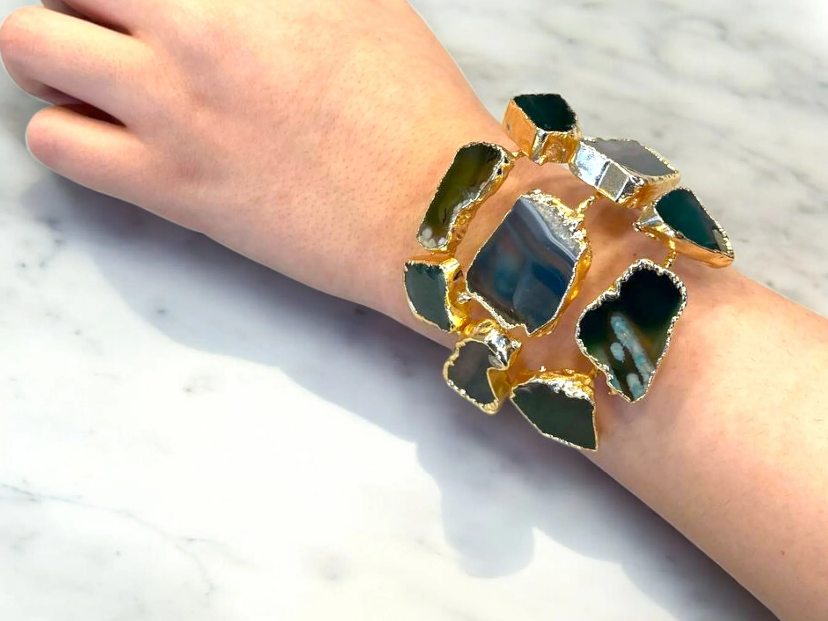 Handmade Gold Plated Cuff Bracelet and Ring Set with Green Natural Agate Stones, Adjustable Statement Bracelet, Special Occasion Jewelry
