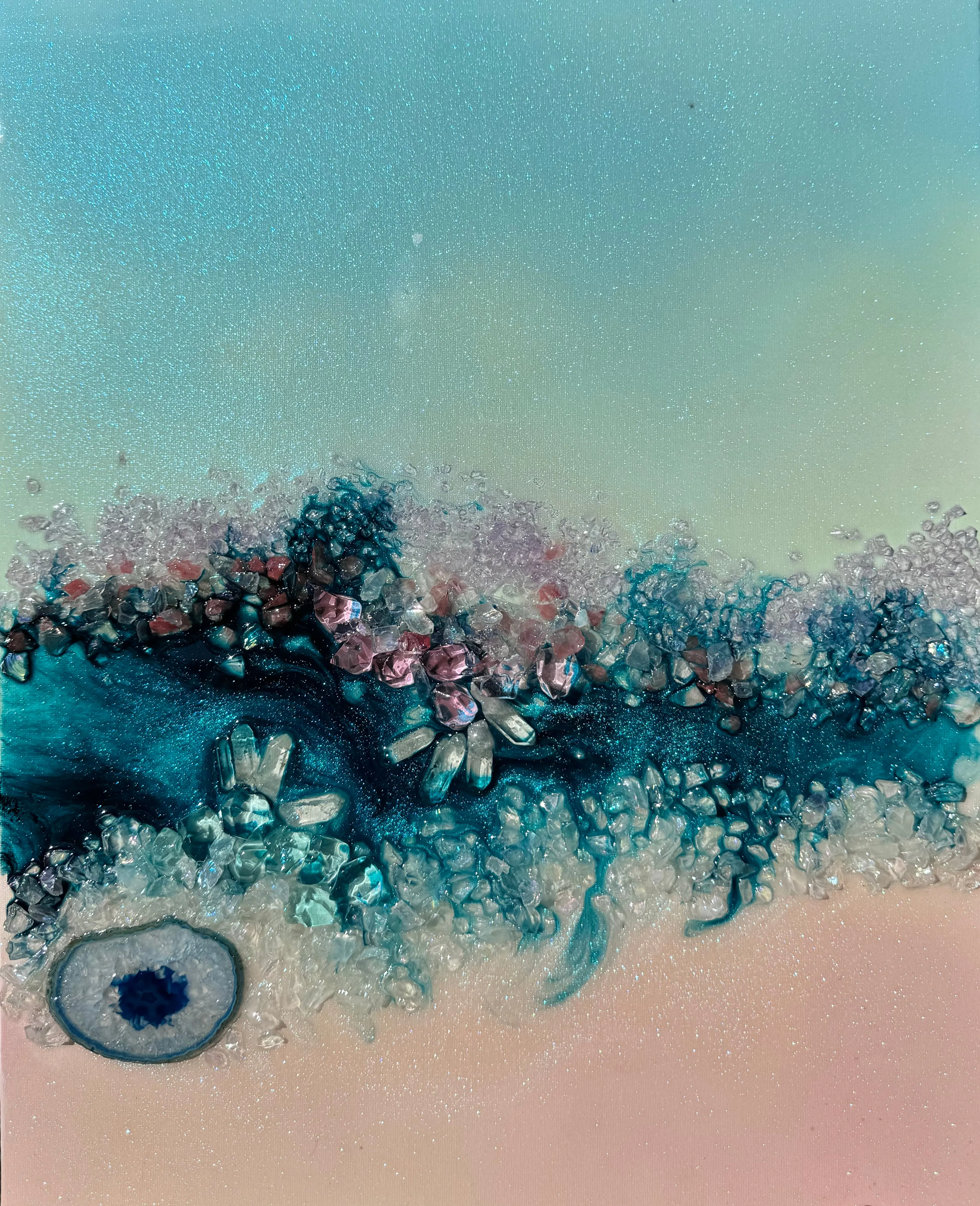 Heart Reef Bliss 2 with Swarovski, Amethyst, Agate, Quartz & Epoxy Glass on Canvas 40x50cm