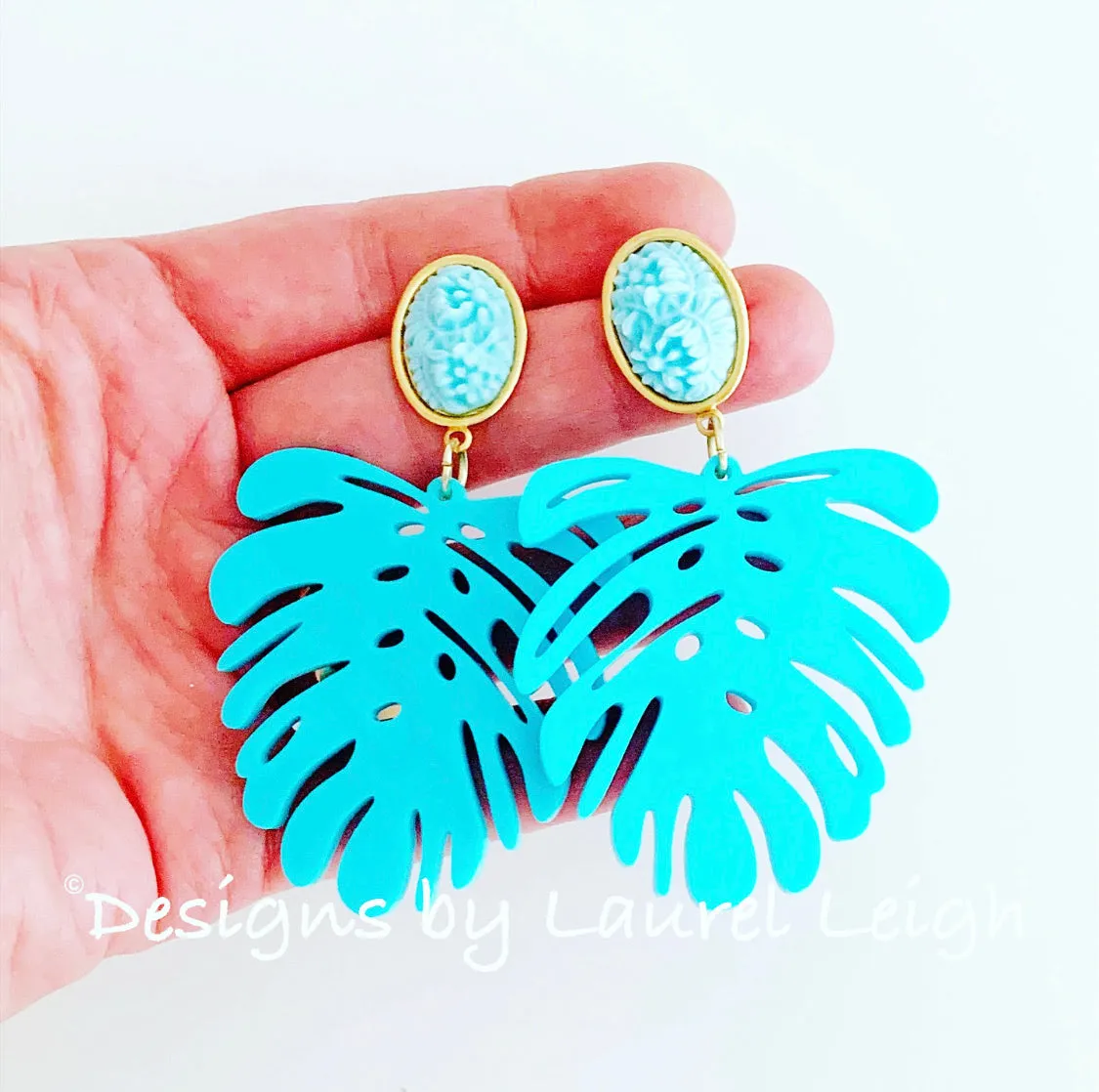 Monstera Tropical Palm Leaf Statement Earrings - Turquoise & Gold Cameo