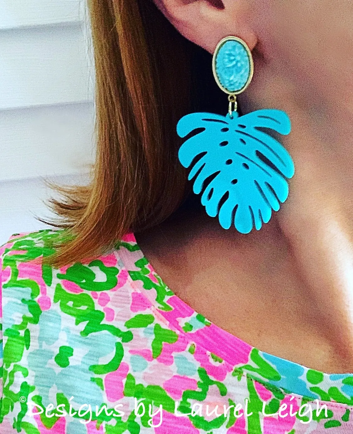 Monstera Tropical Palm Leaf Statement Earrings - Turquoise & Gold Cameo