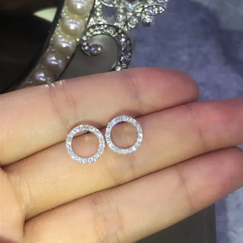 Ne'w Delicate Hollow Out Circle Stud Earrings Full Paved CZ Stone Simple Stylish Women's Earring Daily Collocation Accessories