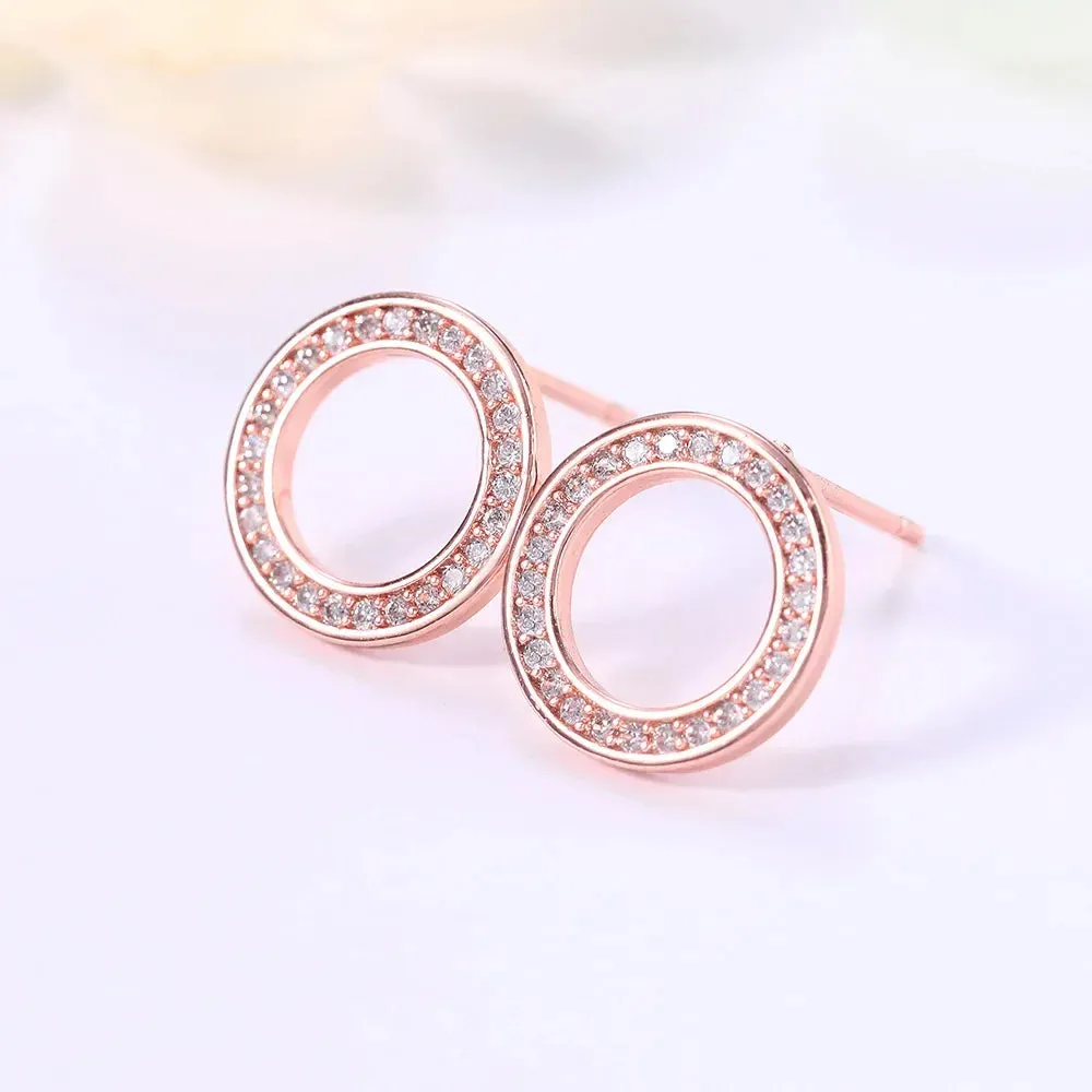 Ne'w Delicate Hollow Out Circle Stud Earrings Full Paved CZ Stone Simple Stylish Women's Earring Daily Collocation Accessories